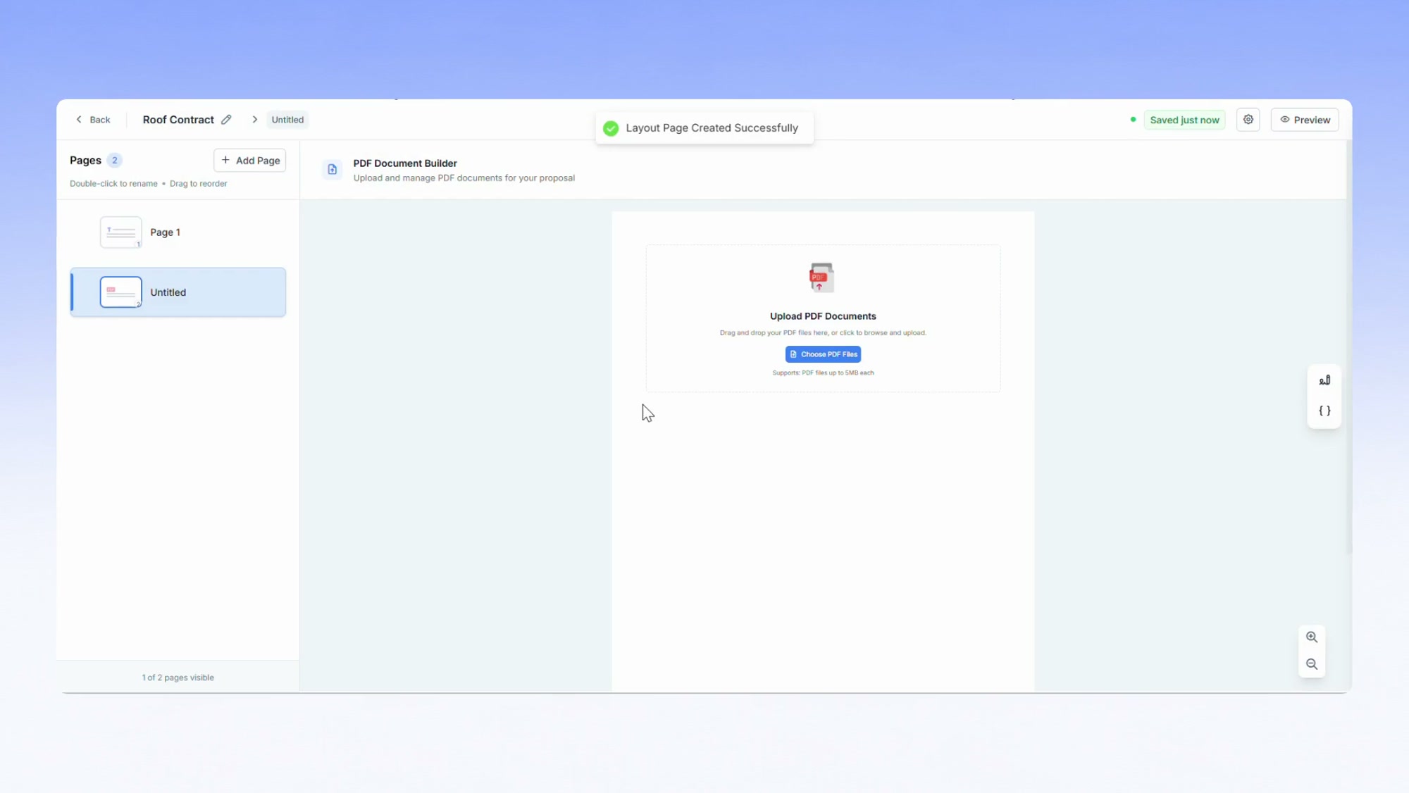 The document builder page list with an option to upload PDF documents onto a new page