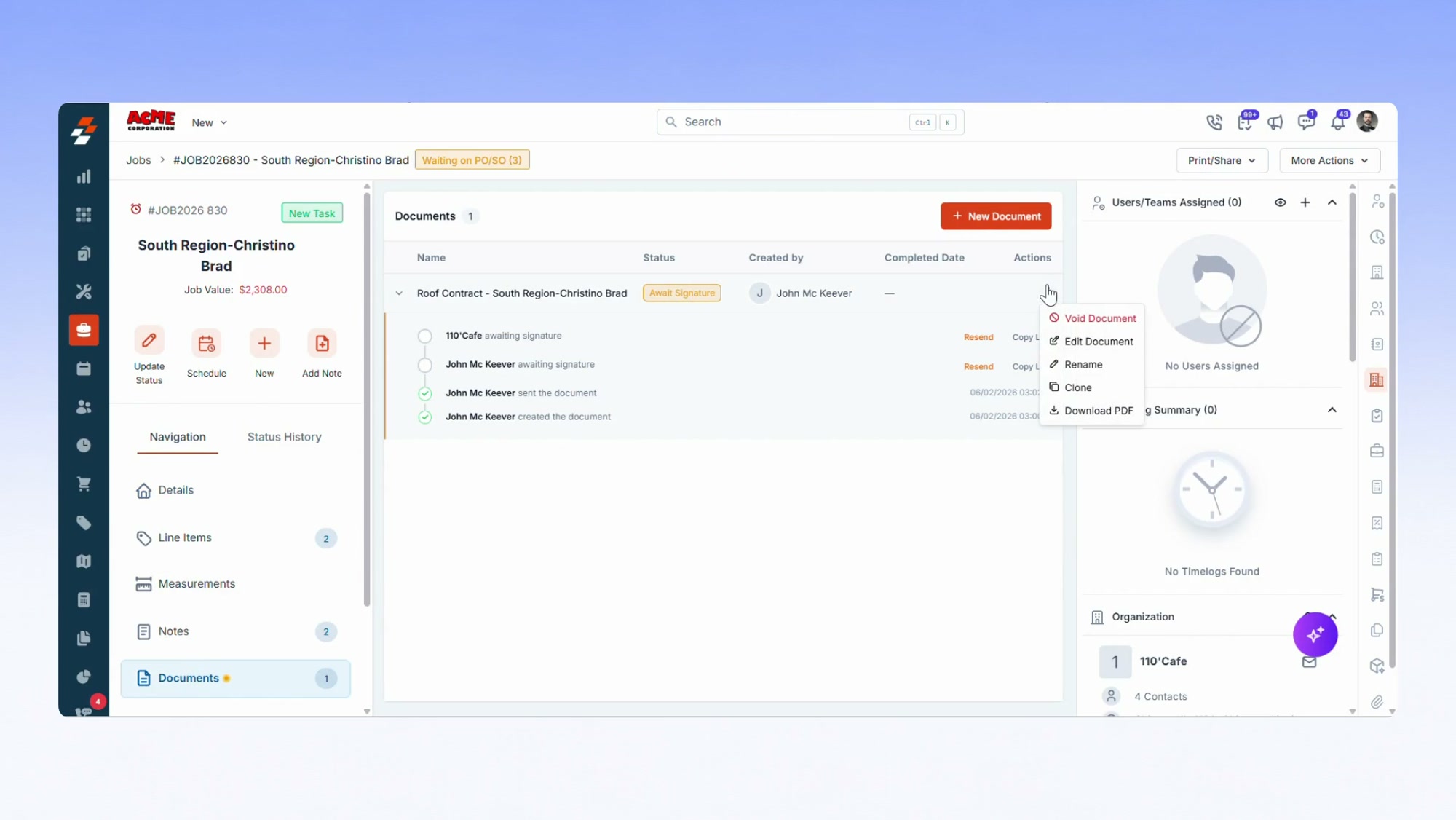 A job record in Zuper showing its attached documents with signature statuses