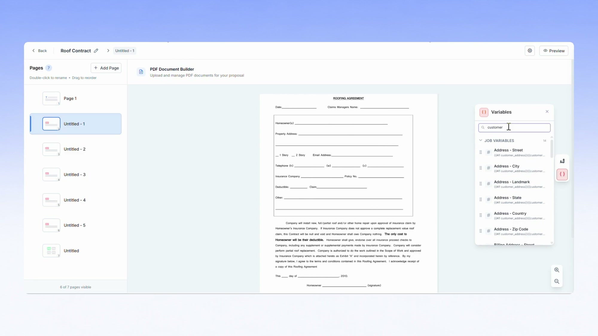 The Zuper document builder with an uploaded roofing agreement PDF and a variables panel listing customer address fields
