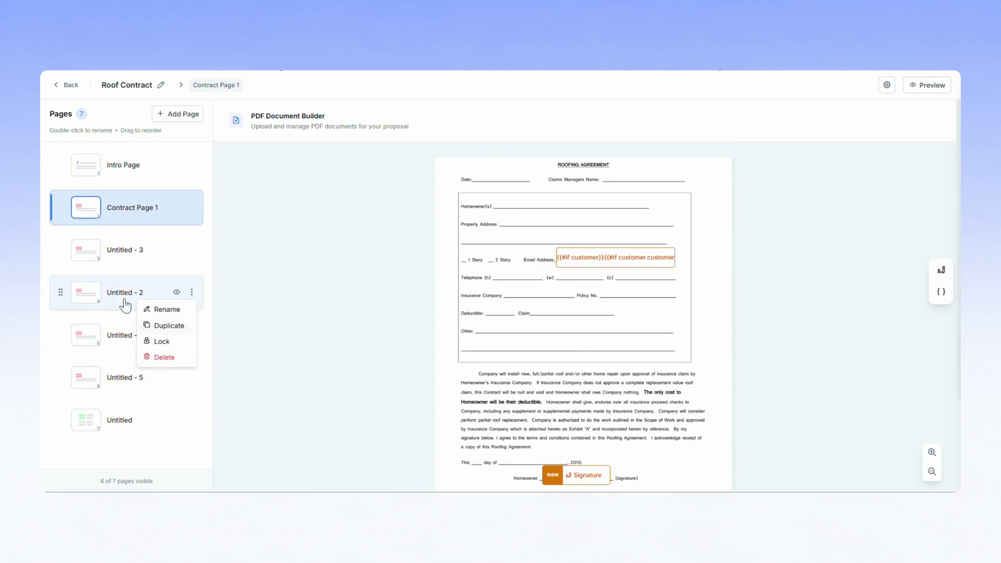 The Document Templates list in Zuper settings showing template name, status, creator and created date