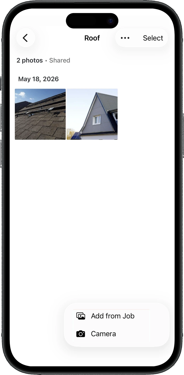 Inside an album, a plus menu offering Add from Job and Camera