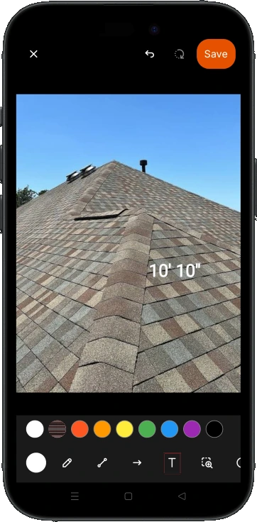 The same roof photo annotated with the measurement 10 feet 10 inches, with a colour palette and toolbar below