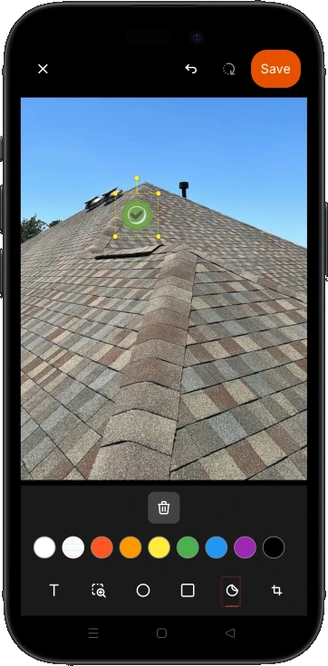 A status sticker placed on a roof photo, with shape and sticker tools in the toolbar