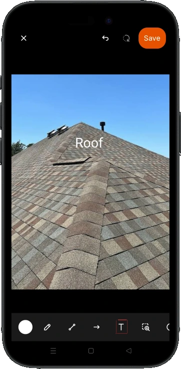 Annotation canvas with the word Roof placed on a roof photo, colour swatch and drawing tools along the bottom