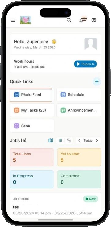 Mobile dashboard with quick links including Photo Feed alongside schedule and tasks