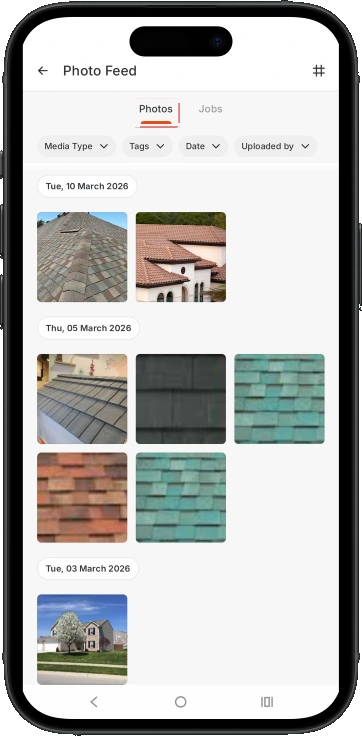 Photo Feed grid grouped by date with filters for media type, tags, date and uploaded by