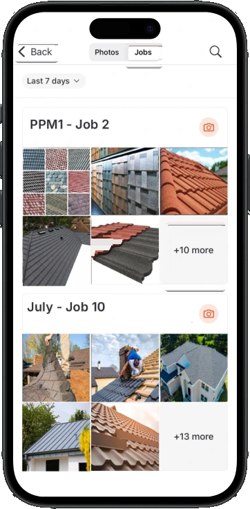 Photo Feed Jobs tab showing job cards each holding a grid of photos with a more indicator and a camera button