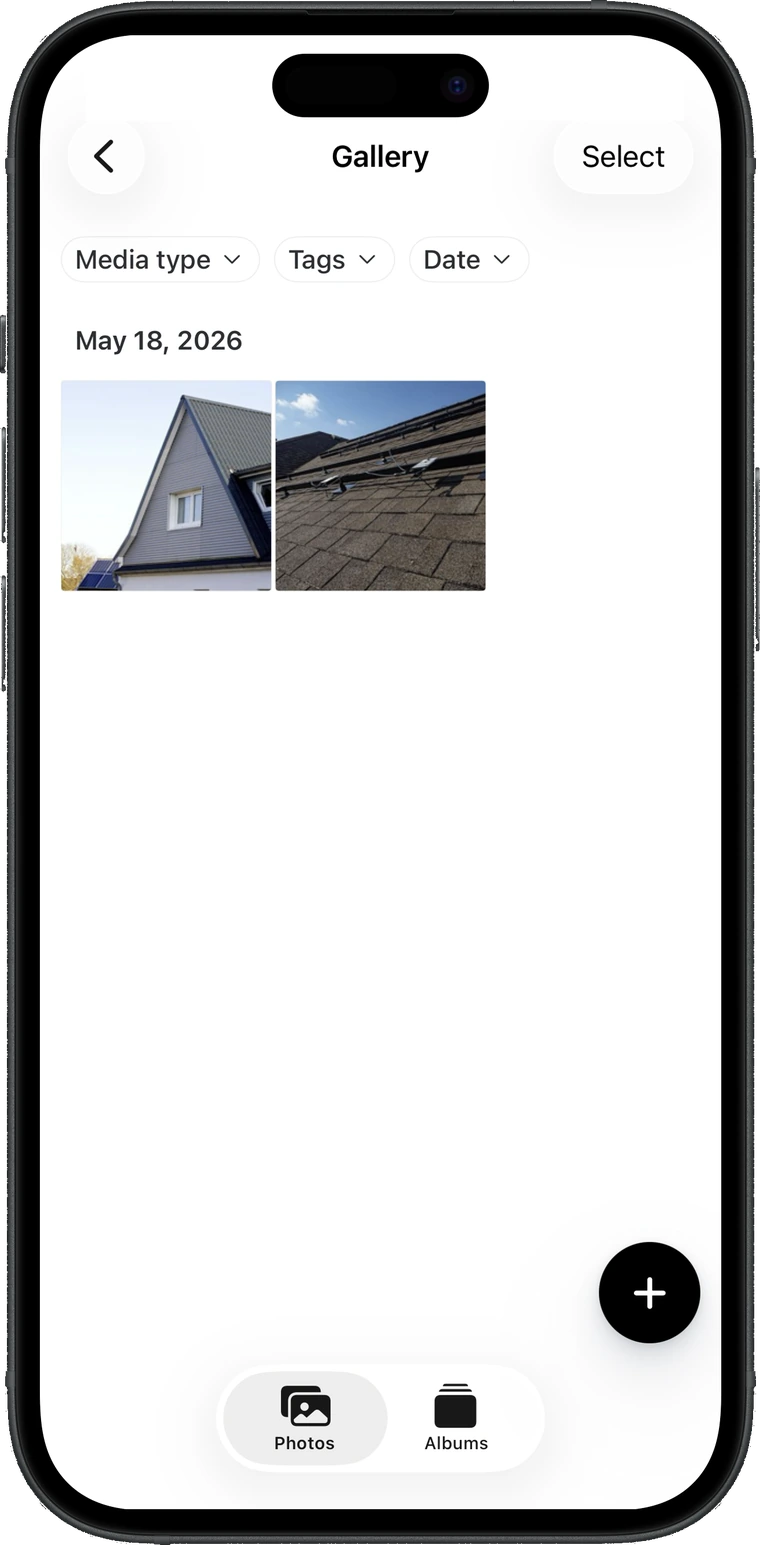 Mobile job gallery showing filters for media type, tags and date, photos grouped by date, and Photos and Albums tabs at the bottom