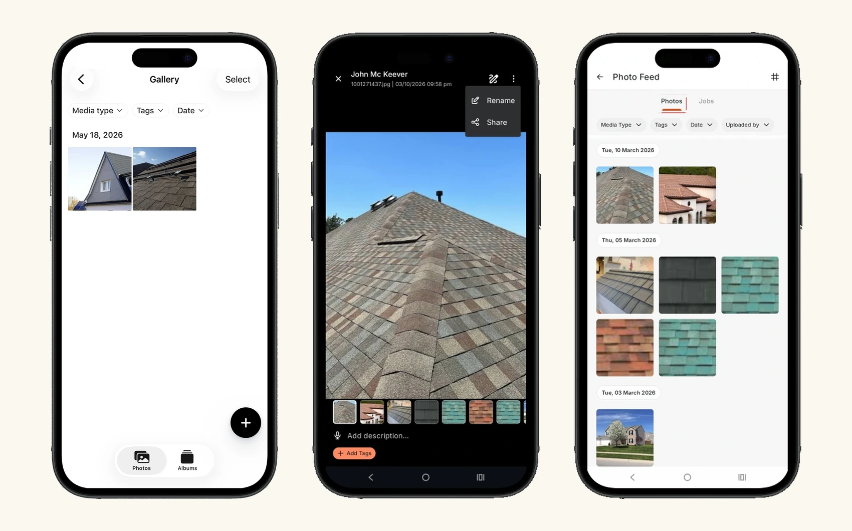 Three phone screens side by side: the job gallery, the full-screen photo record, and the cross-job photo feed