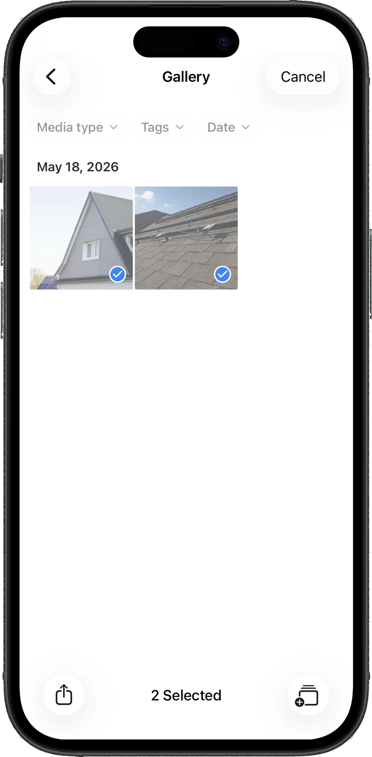 Gallery in selection mode with two photos checked and a bar reading 2 Selected, share on the left and add-to-album on the right
