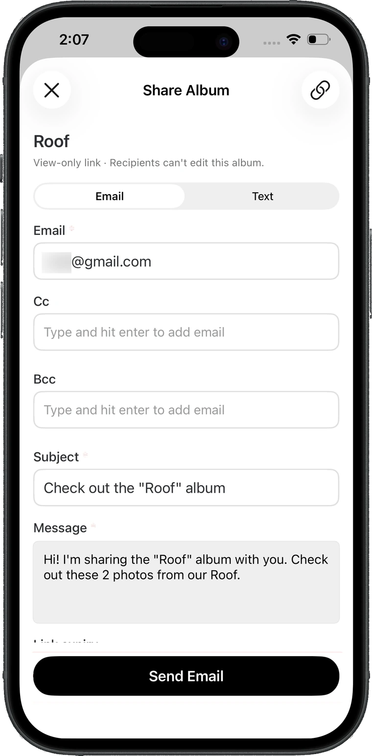 Share Album screen with view-only notice, Email and Text tabs, prefilled recipient, subject and message, and a send button