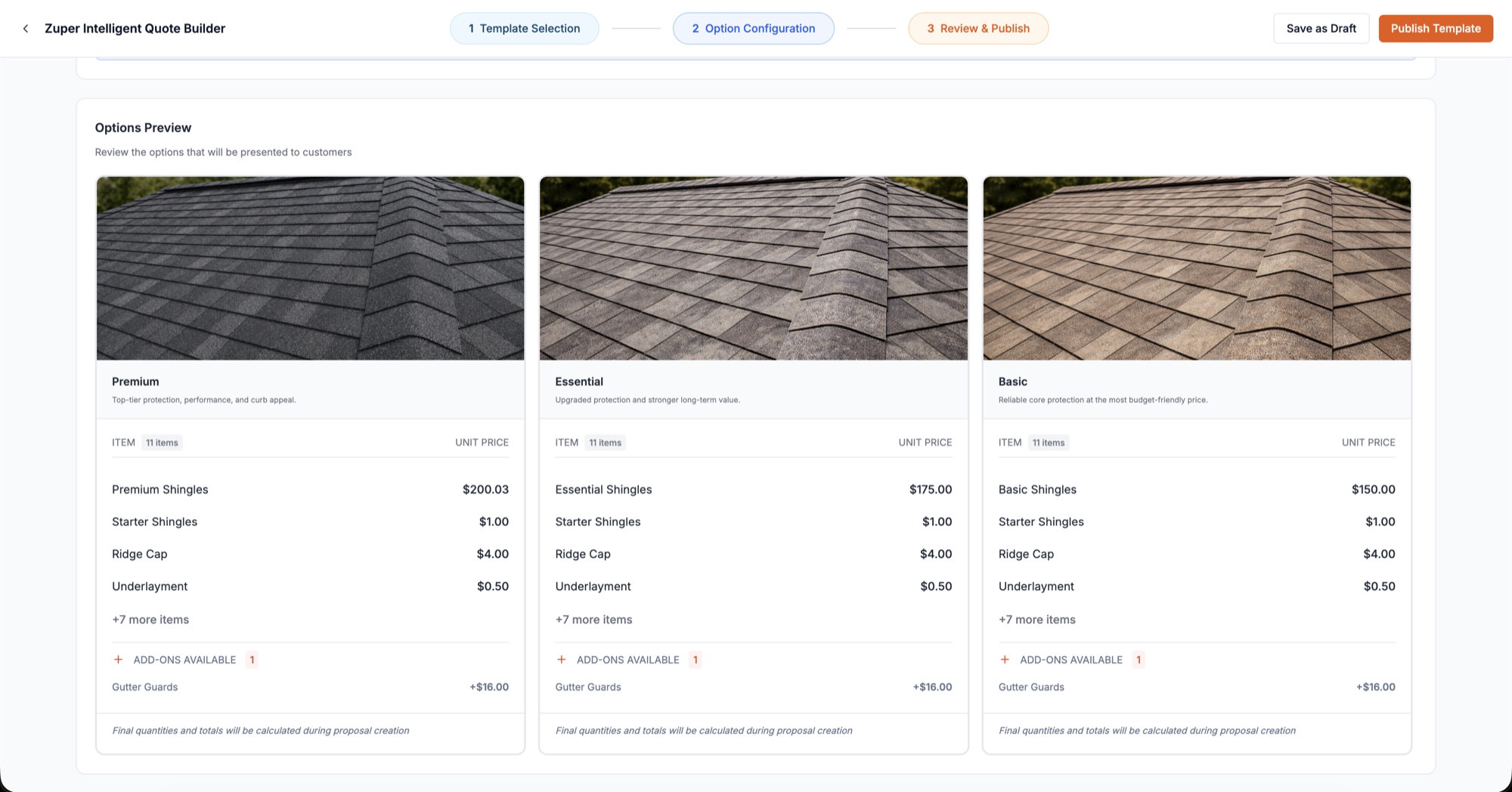 Three proposal option cards — Premium, Essential and Basic — with roof photography, item lists and prices